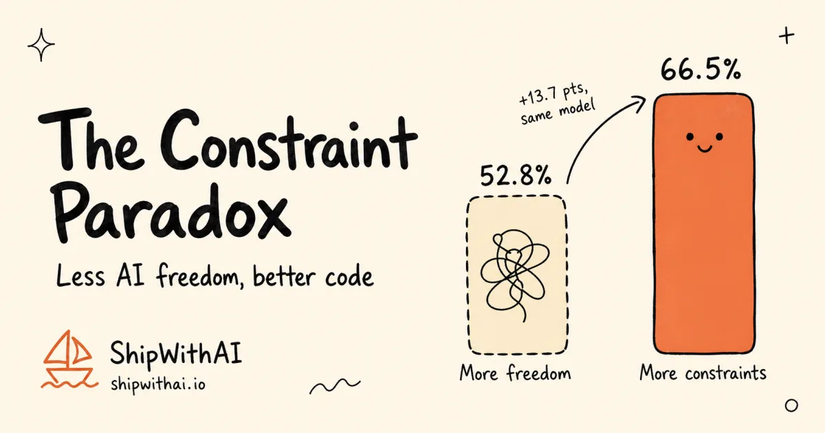 Hand-drawn cover: a short chaotic 52.8% bar labeled More freedom next to a taller orange 66.5% bar labeled More constraints, titled The Constraint Paradox.
