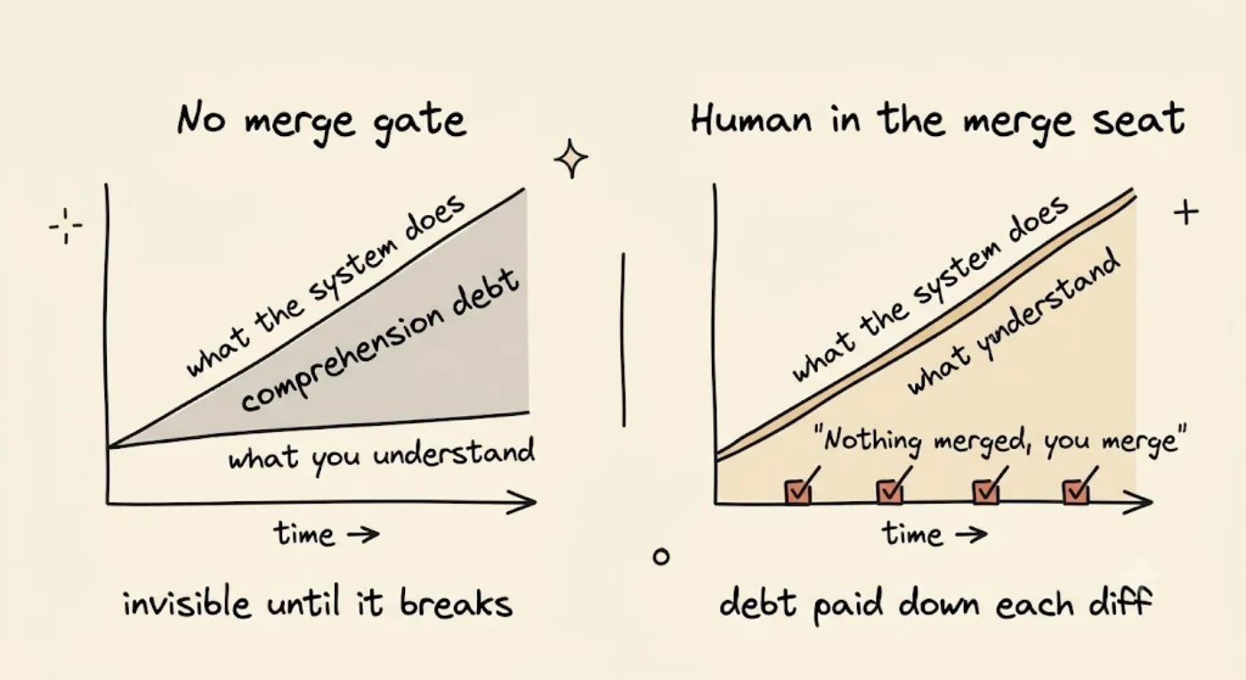 Two panels comparing comprehension debt: without a merge gate the "what it does" and "what you understand" lines diverge into a widening shaded gap; with a human merging every diff the two lines rise together, the highlighted gate keeping them close.