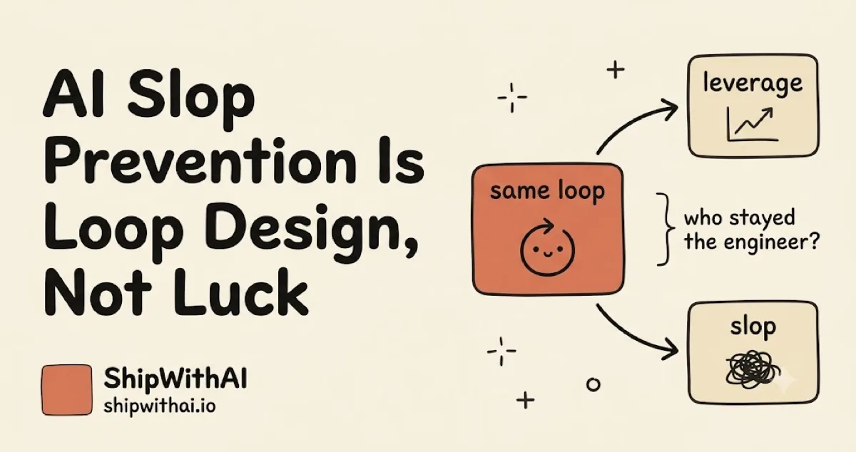Hand-drawn cover: a central orange "same loop" box with a loop arrow forks up to "leverage" and down to "slop," annotated "who stayed the engineer?" — titled AI Slop Prevention Is Loop Design, Not Luck.