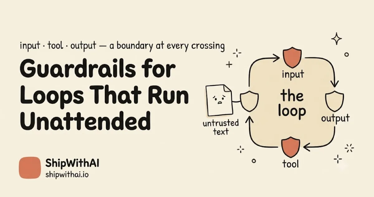 Hand-drawn cover: a central "the loop" box with a circling arrow, an "untrusted text" paper feeding in, and three shield gates labeled input, tool, and output on the loop's boundary — titled Guardrails for Loops That Run Unattended.